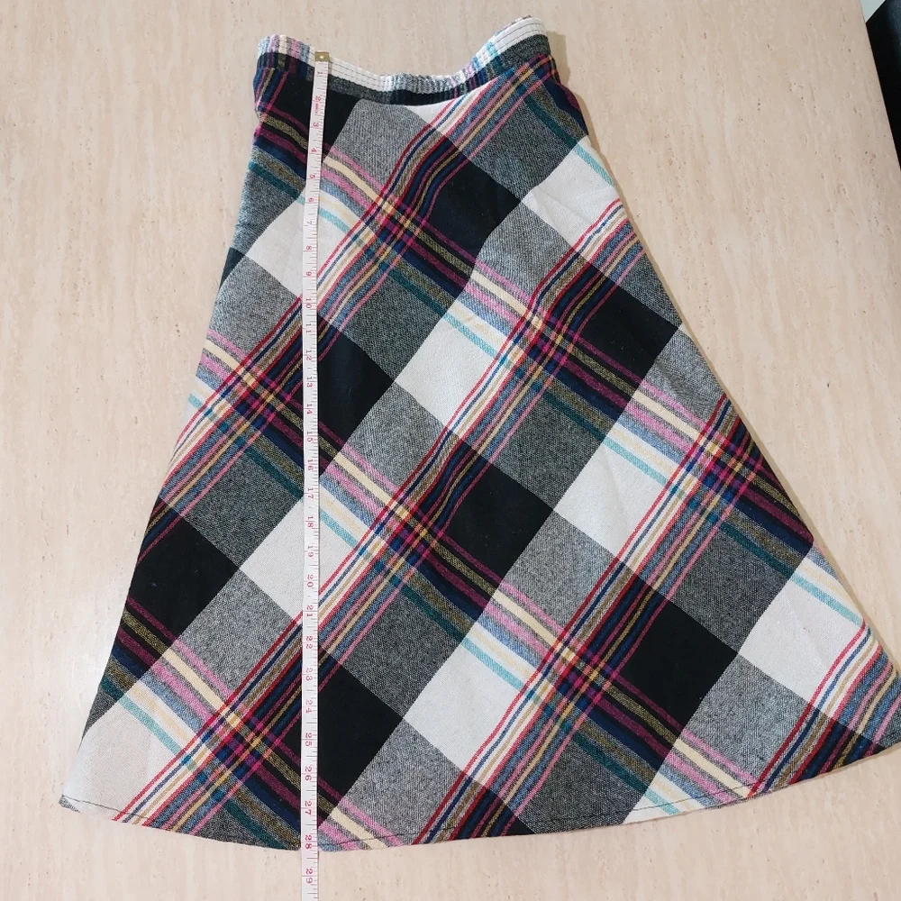 Vintage 80s Plaid Multicolor Pink Black Yellow A-Line Circle Midi Skirt - Picture 9 of 12